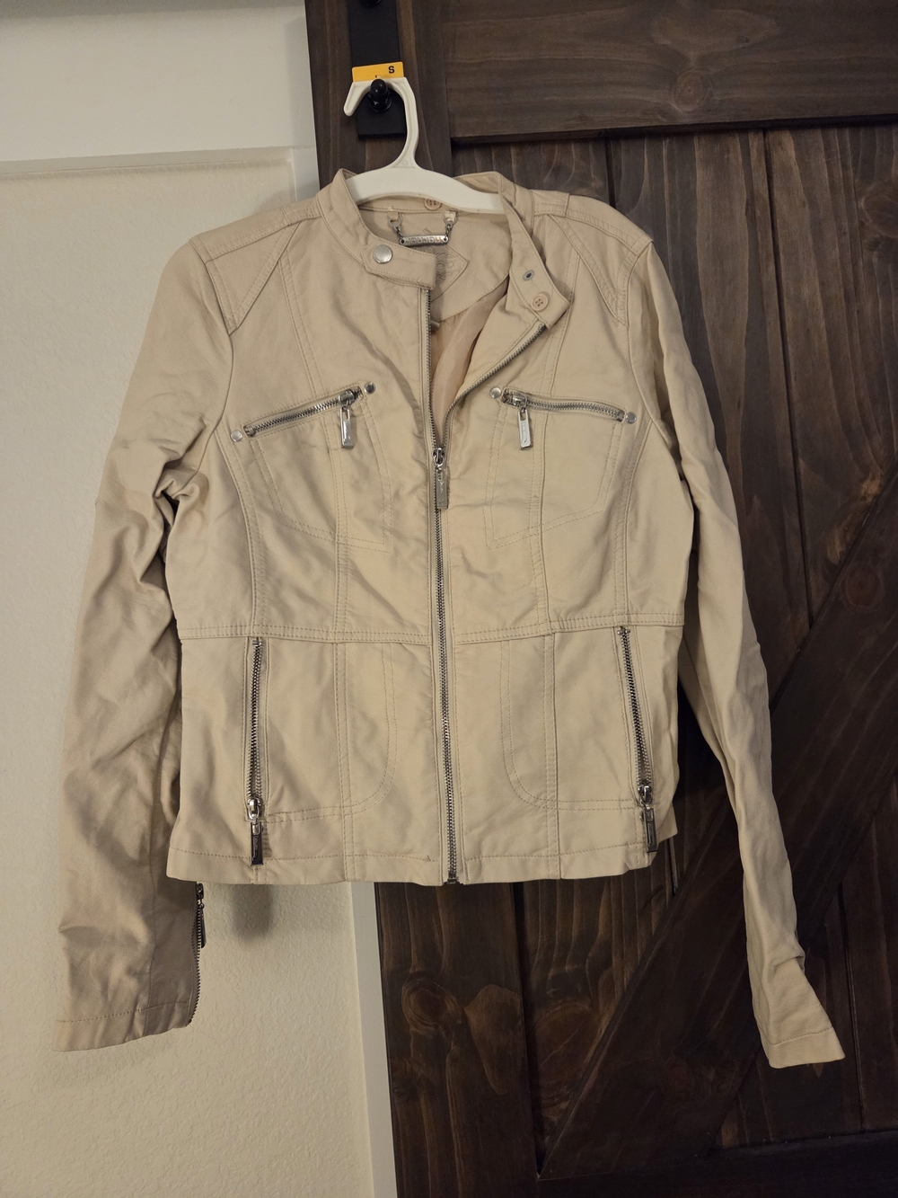 Beige Women's Faux Leather Jacket with Zip Pockets